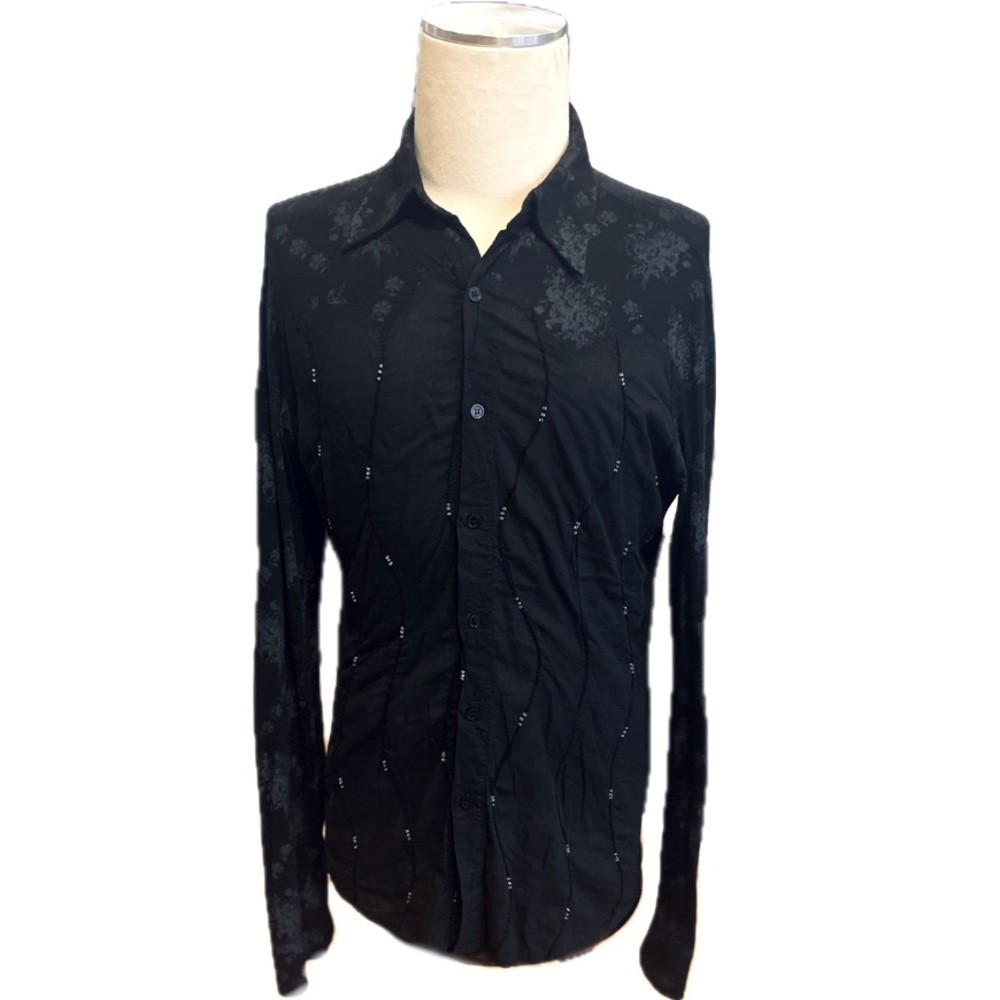 Custo Barcelona Black Graphic Print & Hand Beaded Dress Shirt, Men’s Size Medium